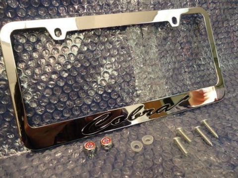 (ONE) Ford Mustang Cobra Chrome License Plate Frame Black Lettering w/ Logo Caps