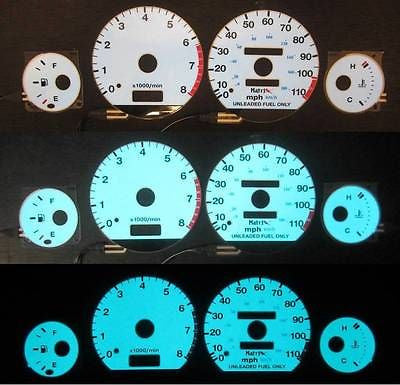 1993-1997 Toyota Corolla With Tachometer White Face Glow Gauges Kit Green & Blue