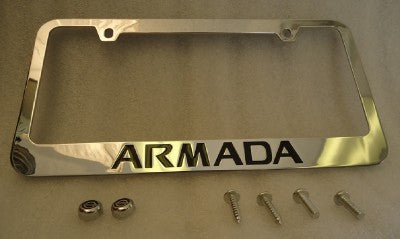 Armada Engraved Letters Chrome Zinc License Plate Frame w/ Logo Screw Cap Covers