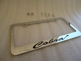 (ONE) Ford Mustang Cobra Chrome License Plate Frame Black Lettering w/ Logo Caps