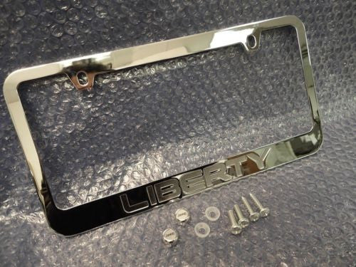 1993-2015 Jeep Engraved Liberty Chromed Metal License  Plate Frame W/ Logo Caps