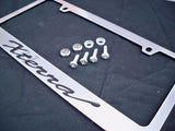 Nissan Xterra Chrome License Plate Frame Black Script Letters w/ Logo Screw Caps