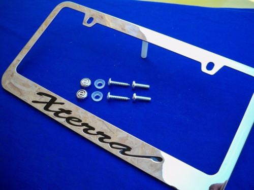 Nissan Xterra Chrome License Plate Frame Black Script Letters w/ Logo Screw Caps