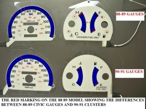 90 91 No RPM Honda Civic MT Manual White Face Cluster Glow Gauges No Tachometer