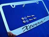 Nissan Xterra Chrome License Plate Frame Black Script Letters w/ Logo Screw Caps
