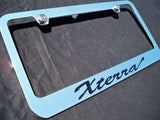 Nissan Xterra Chrome License Plate Frame Black Script Letters w/ Logo Screw Caps