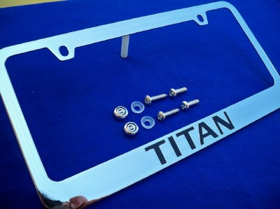 Nissan Titan Chrome Metal License Plate Frame Engraved Black w/ Logo Screw Caps