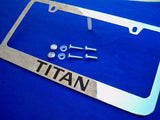 Nissan Titan Chrome Metal License Plate Frame Engraved Black w/ Logo Screw Caps