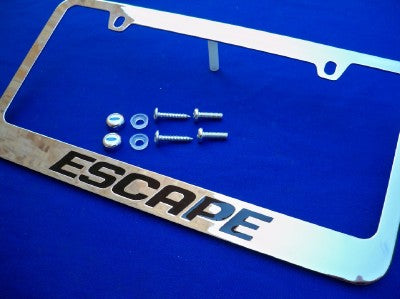 Ford Escape Chrome License Plate Frame Engraved Black w/ Logo Screw Caps