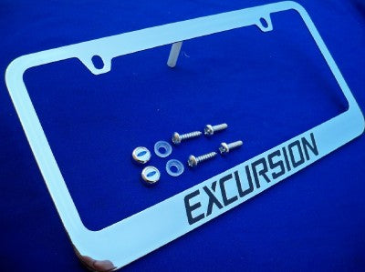 Ford Excursion Chrome License Plate Frame Engraved Black w/ Logo Screw Caps