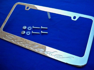 02-19 Cadillac Escalade Chrome Engraved Metal License Plate Frame w/ Logo Caps