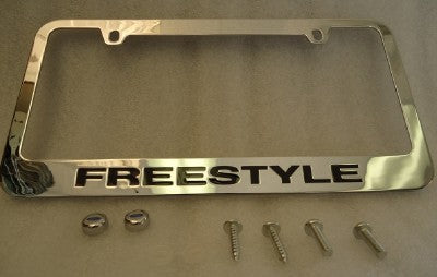 04-08 Ford Freestyle Chrome License Plate Frame Black Letters w/ Logo Screw Caps