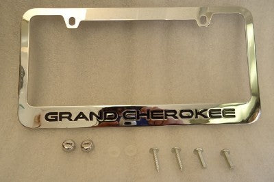Jeep Liberty Chrome License Plate Frame Black Lettering w/ Logo Screw Caps
