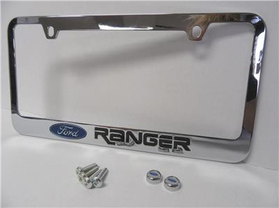 83-21 Ford Ranger Chrome License Plate Frame Black Lettering w/ Logo Screw Caps